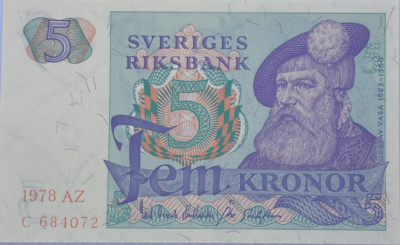 1978 Sweden 5 Kronor P-51d “AZ” UNC World Banknote